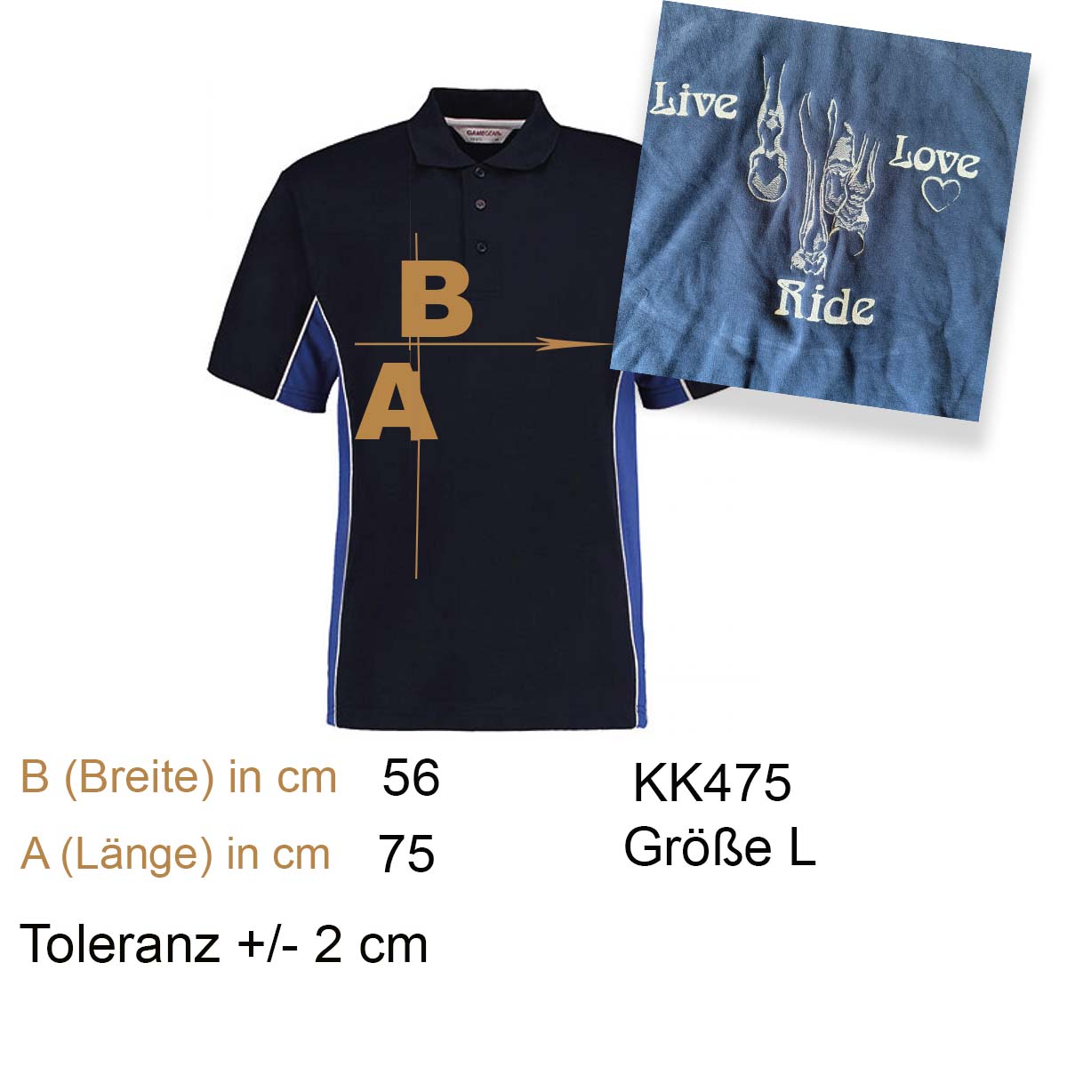 Poloshirt Herren KK Gr. L schwarz/blau Rückenstick Pferde: Live Love Ride